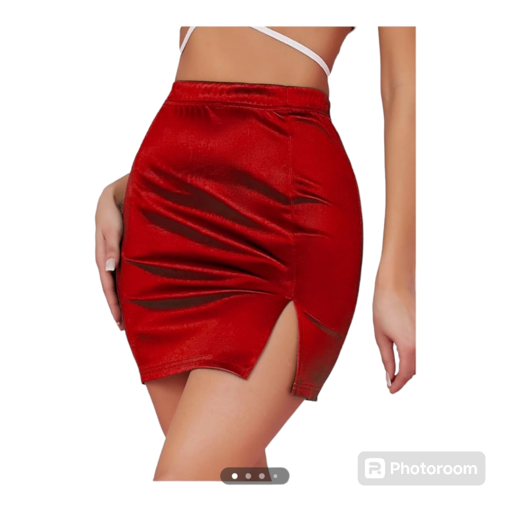 LYANER Women's Satin Silky Elastic Wasit Split Slit Hem Bodycon Short Skirt